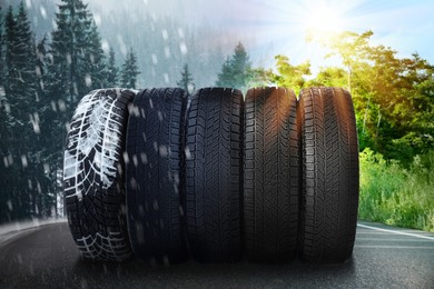 Set of new winter and summer tires on asphalt road, collage 