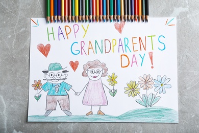 Beautiful drawing on grey table, flat lay. Happy Grandparents Day