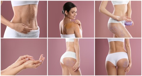 Collage with photos of young women applying body scrubs on pink background