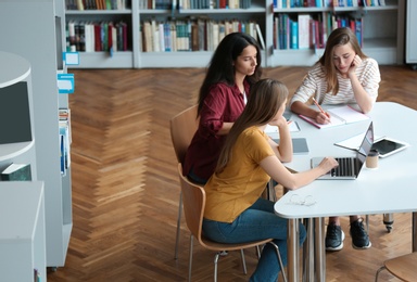 Young women discussing group project at table in library