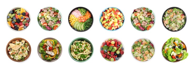Set with different tasty salads on white background, top view. Banner design