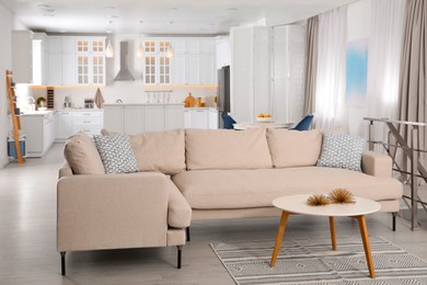 Stylish studio apartment interior with comfortable beige sofa