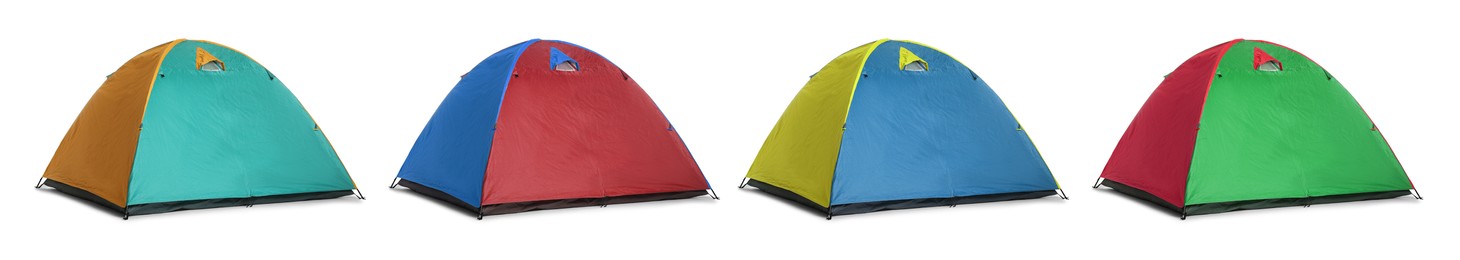 Set with different colorful camping tents on white background. Banner design