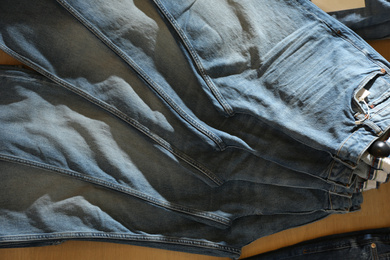 Modern blue jeans on display in shop