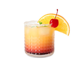 Fresh alcoholic Tequila Sunrise cocktail isolated on white
