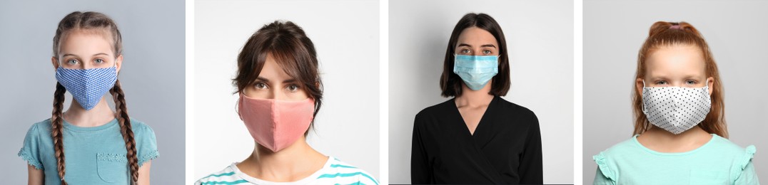 Collage with photos of people wearing protective face masks on light grey background. Banner design