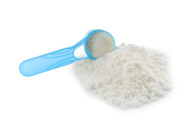 Powdered infant formula and scoop on white background. Baby milk