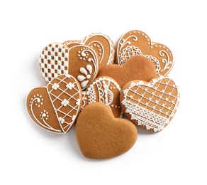 Tasty heart shaped gingerbread cookies isolated on white, top view