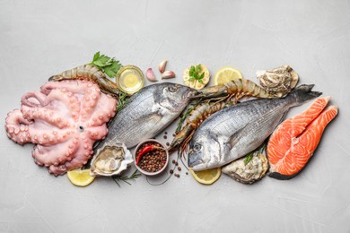 Photo of Flat lay composition with fresh raw dorado fish and different seafood on light grey table