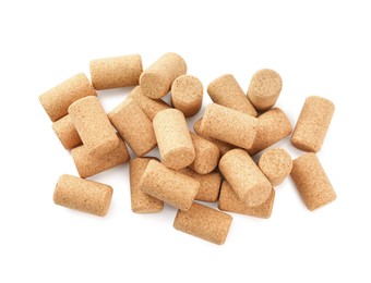 Heap of wine bottle corks isolated on white, top view