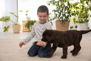 Little boy playing with puppy at home. Friendly dog