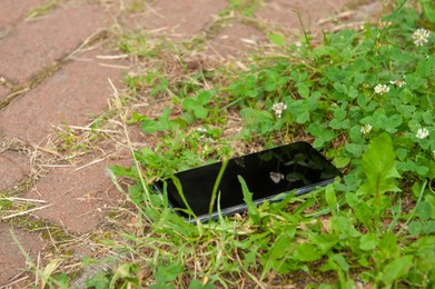 Smartphone lying on grass near pavement outdoors. Lost and found