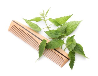 Photo of Stinging nettle and wooden comb on white background, top view. Natural hair care