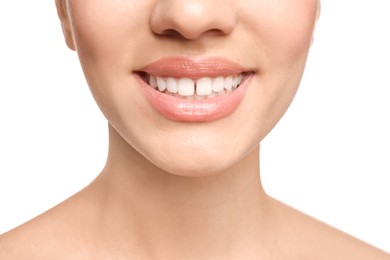 Woman with diastema between upper front teeth on white background, closeup
