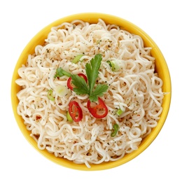 Photo of Tasty instant noodles with chili pepper in bowl isolated on white, top view