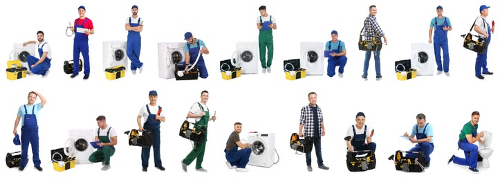 Collage with photos of plumbers on white background. Banner design