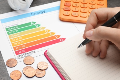 Woman with pen, notebook, calculator, coins and energy efficiency rating chart at table, closeup