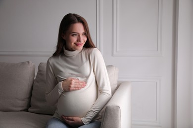 Young pregnant woman sitting on sofa at home. Space for text