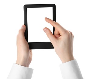 Woman using e-book reader on white background, closeup