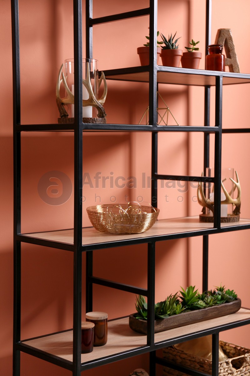 Photo of Shelving with different decor and houseplants near coral wall. Interior design