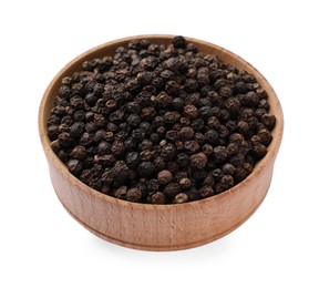 Photo of Wooden bowl of black peppercorns on white background