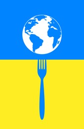 Global food crisis concept. Globe of Earth and fork on background in colors on Ukrainian flag, illustration