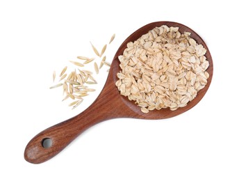 Raw oatmeal and wooden spoon on white background, top view