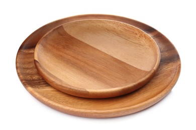 Photo of Two new wooden plates on white background