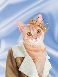 Cute cat dressed like royal person against light blue background