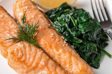 Closeup view of tasty salmon and spinach