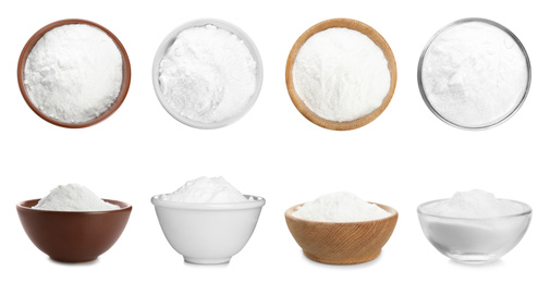 Set with bowls of baking soda on white background. Banner design