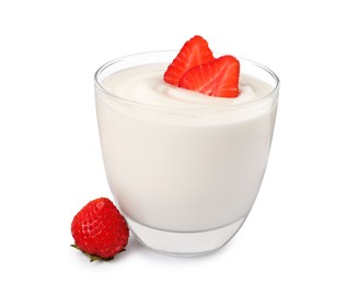 Photo of Glass of delicious yogurt and strawberries on white background