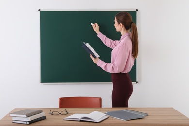Portrait of young female teacher in classroom