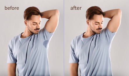 Man in t-shirt before and after using deodorant on light background