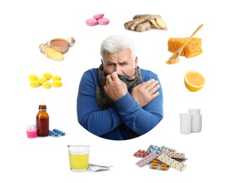 SIck mature man surrounded by different drugs and products for illness treatment on white background