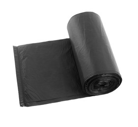 Roll of black garbage bags on white background. Cleaning supplies