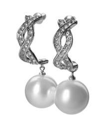 Elegant silver earrings with pearls on white background