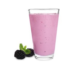 Freshly made blackberry smoothie in glass on white background