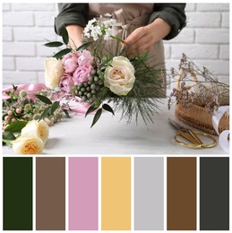 Florist making beautiful bouquet at white table and color palette. Collage