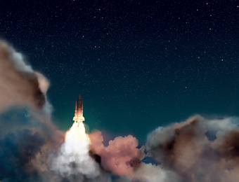 Launched rocket in flight, night starry sky background. Space mission
