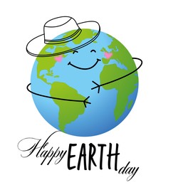 Illustration of Happy Earth day. Planet with cheerful face and hat on white background, illustration