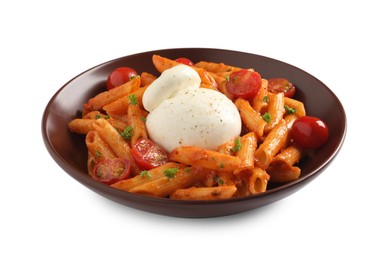 Delicious pasta with burrata cheese and tomatoes on isolated white