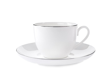 Teacup with saucer isolated on white. Kitchen tableware