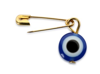 Evil eye safety pin on white background, top view