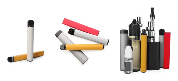 Set with different electronic smoking devices on white background. Banner design