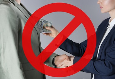 Stop corruption. Illustration of red prohibition sign and woman giving bribe to man on grey background, closeup
