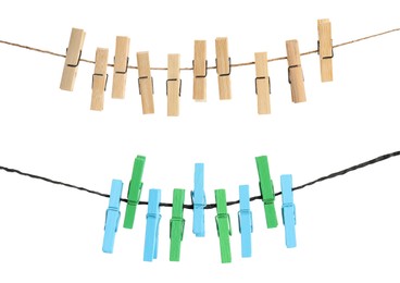 Many wooden clothespins on rope against white background, collage