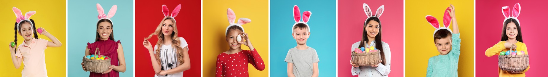 Image of Collage photos of people wearing bunny ears headbands on different color backgrounds, banner design. Happy Easter