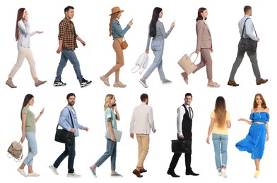 Collage with photos of people wearing stylish outfit walking on white background