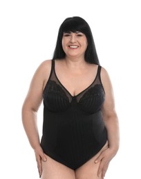 Beautiful overweight woman in black underwear on white background. Plus-size model